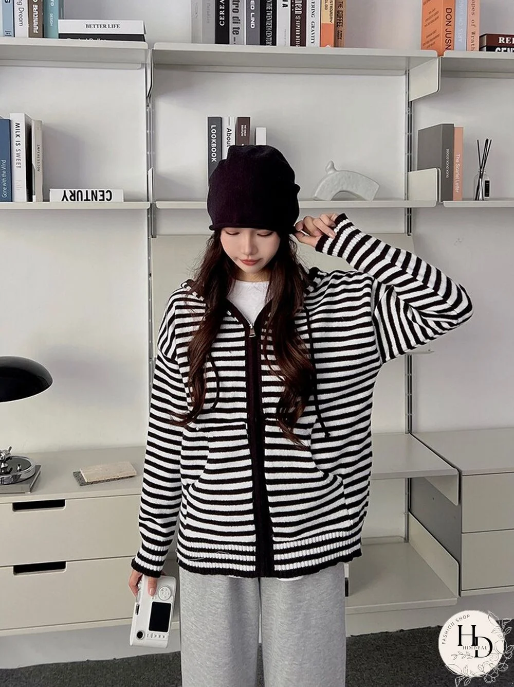 Color Contrast Striped Hooded Sweater Cardigan Women Chic Long-sleeved Zipper Sweater Casual All-match Knitted Tops Mujer