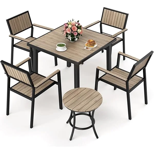 8-Piece Patio Dining Set，Outdoor Aluminum Furniture Set with Plastic-Wood Table Top,Outdoor Furniture Set with 6 Outdoor Stackable Chairs for Patio Garden Poolside (Teak) Teak 8 PCS