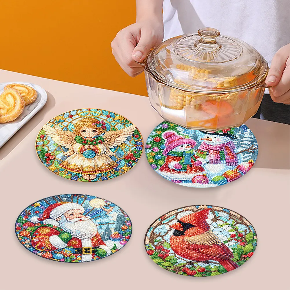 5D DIY 4pcs Christmas Acrylic Diamond Painting Placemats DIY Diamond Dot Kits for Tabletop