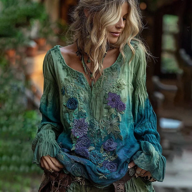 Vintage Classy Gradient Blue Rose And Floral Embroidered Art Linen Shirts