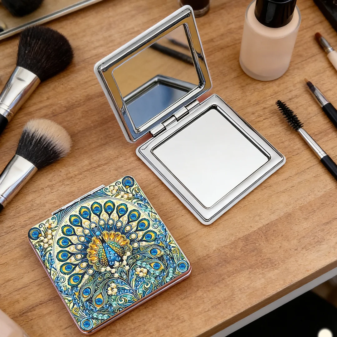 Blue Peacock DIY Special Shaped Diamond Painting Compact Mirror Kits Diamond Art Painting Pocket Mirror for Adults and Beginners