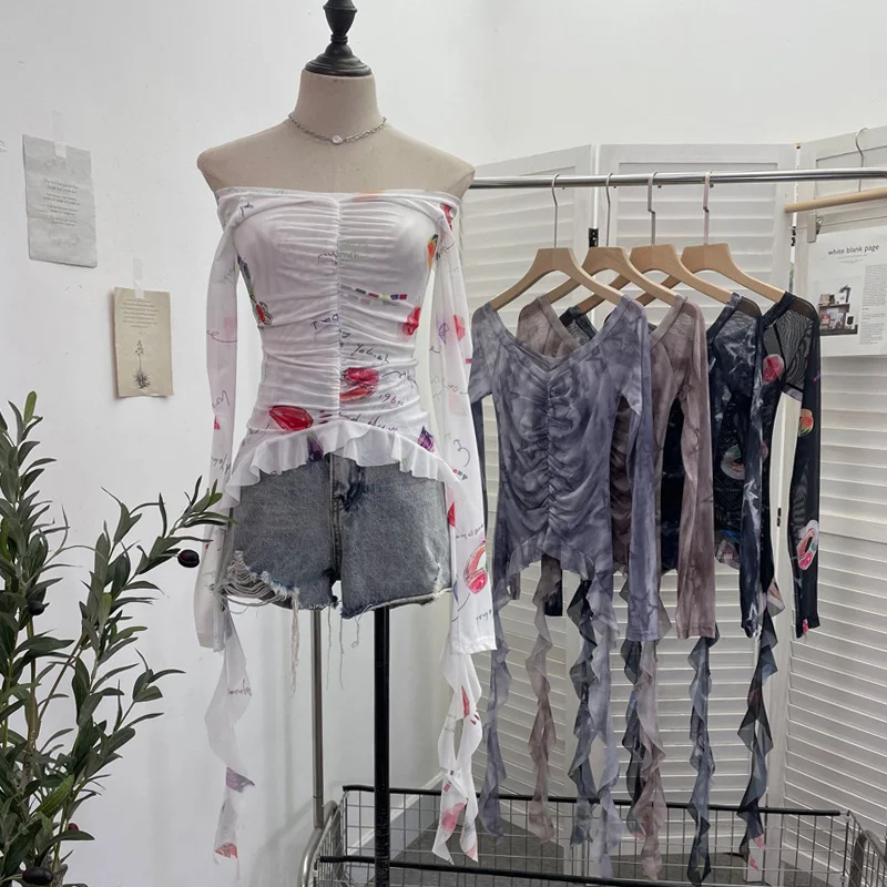 Uveng Real Shot One-字 Collared Shoulder Long-Sleeved Mesh Printing Top Irregularly Folded Lotus Leaves With Short T-Shirt 9937