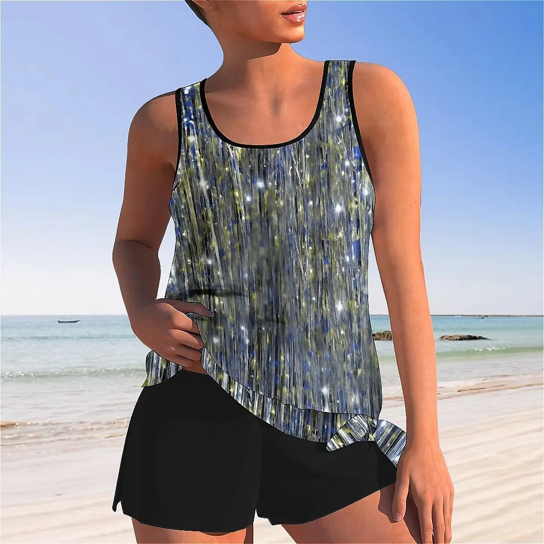 Bowknot Glitter,Gray Mid Waisted Tankini Set - Plus Size Available