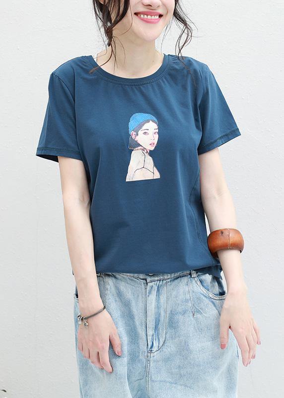 VCSHOES Loose blue o neck cotton clothes For Women Neckline Cartoon print blouses summer