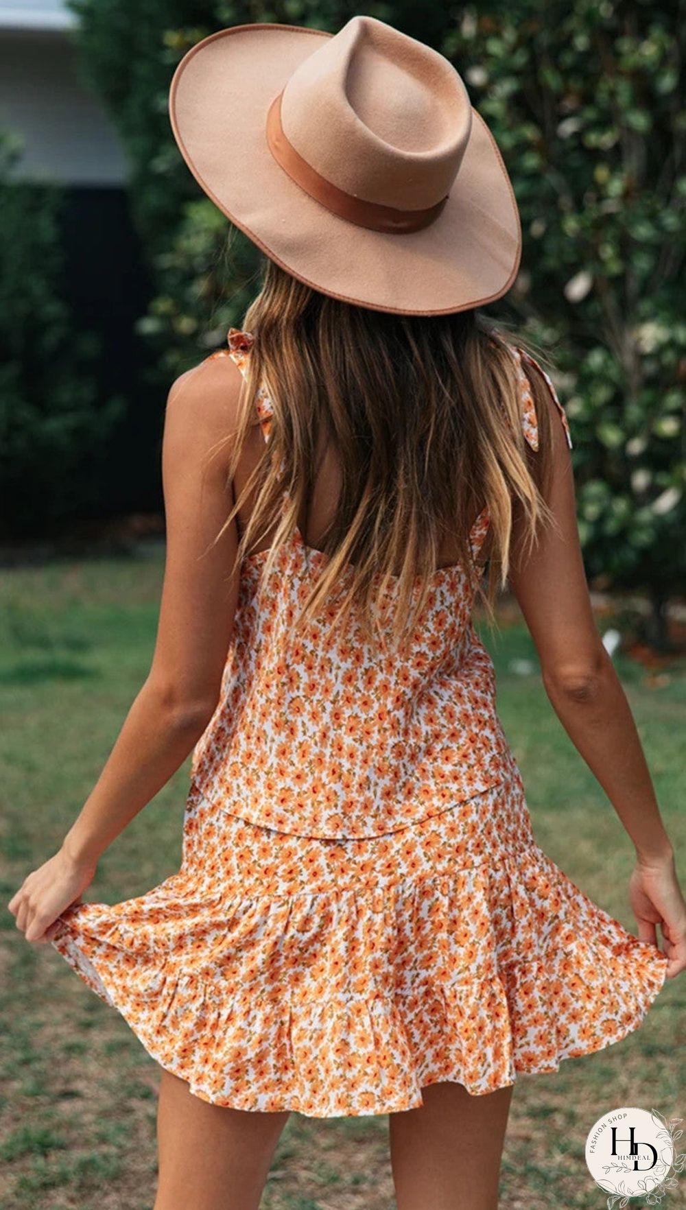 Orange Floral Tank and Skirt Matching Sets