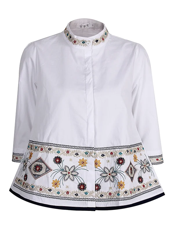 Casual Loose High-Low Embroidered Stand Collar Blouses&Shirts Tops