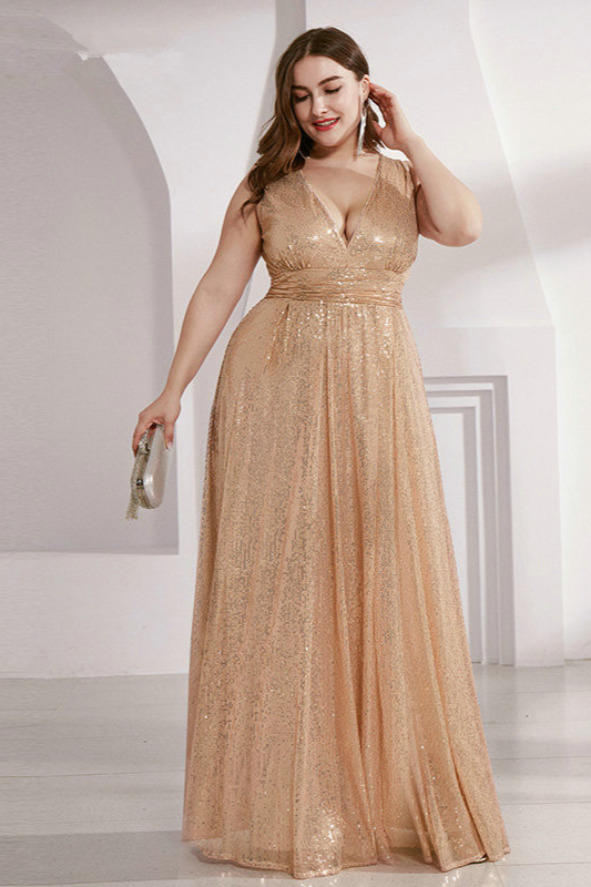 Bellasprom Sequins Plus Size Long Prom Dress On Sale V-Neck Bellasprom