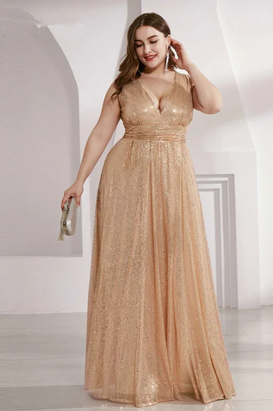 gold seuqins v-neck sleeveless plus size prom dress