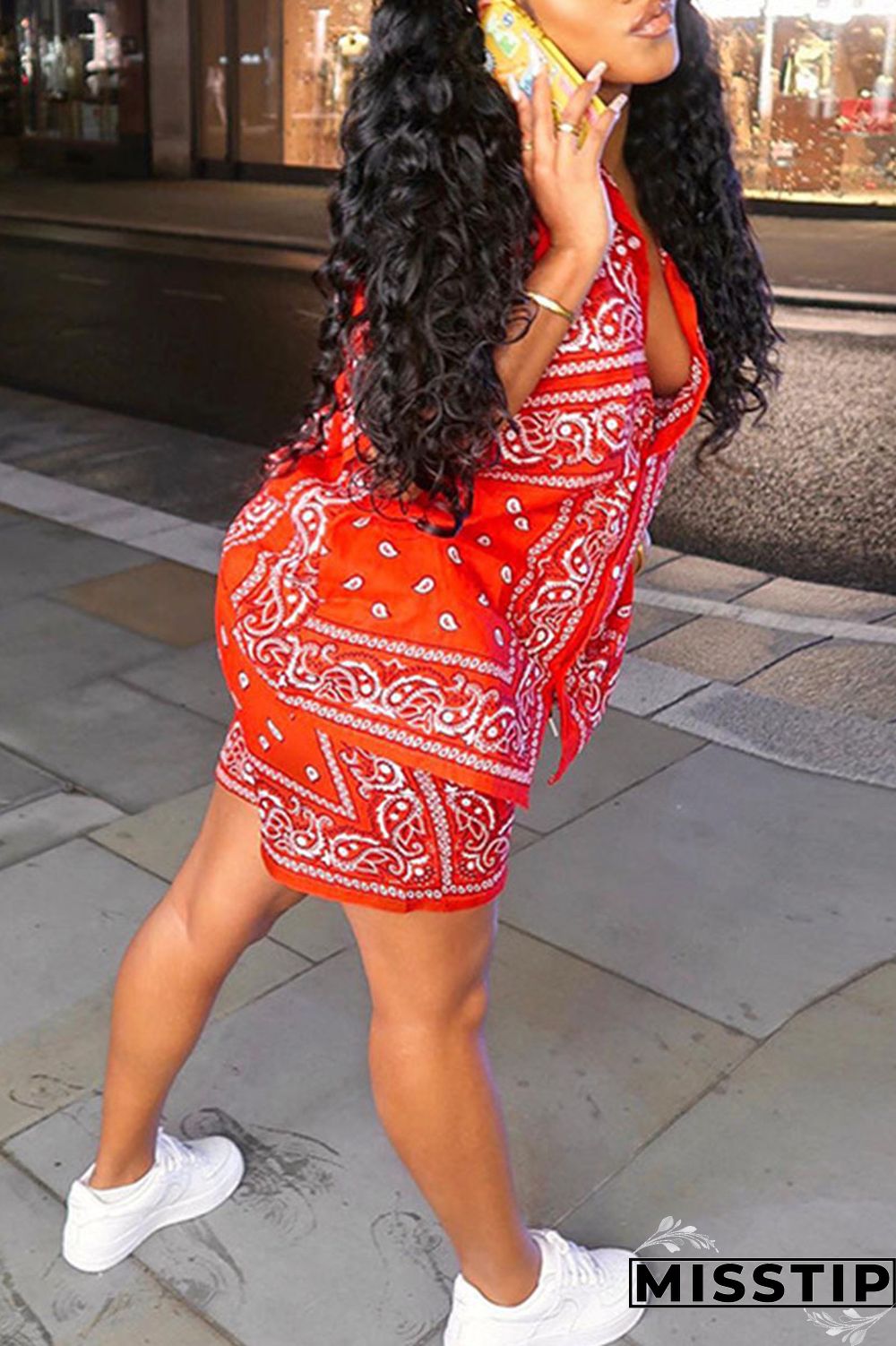 Yellow Casual Print Patchwork Buckle Turndown Collar Short Sleeve Two Pieces