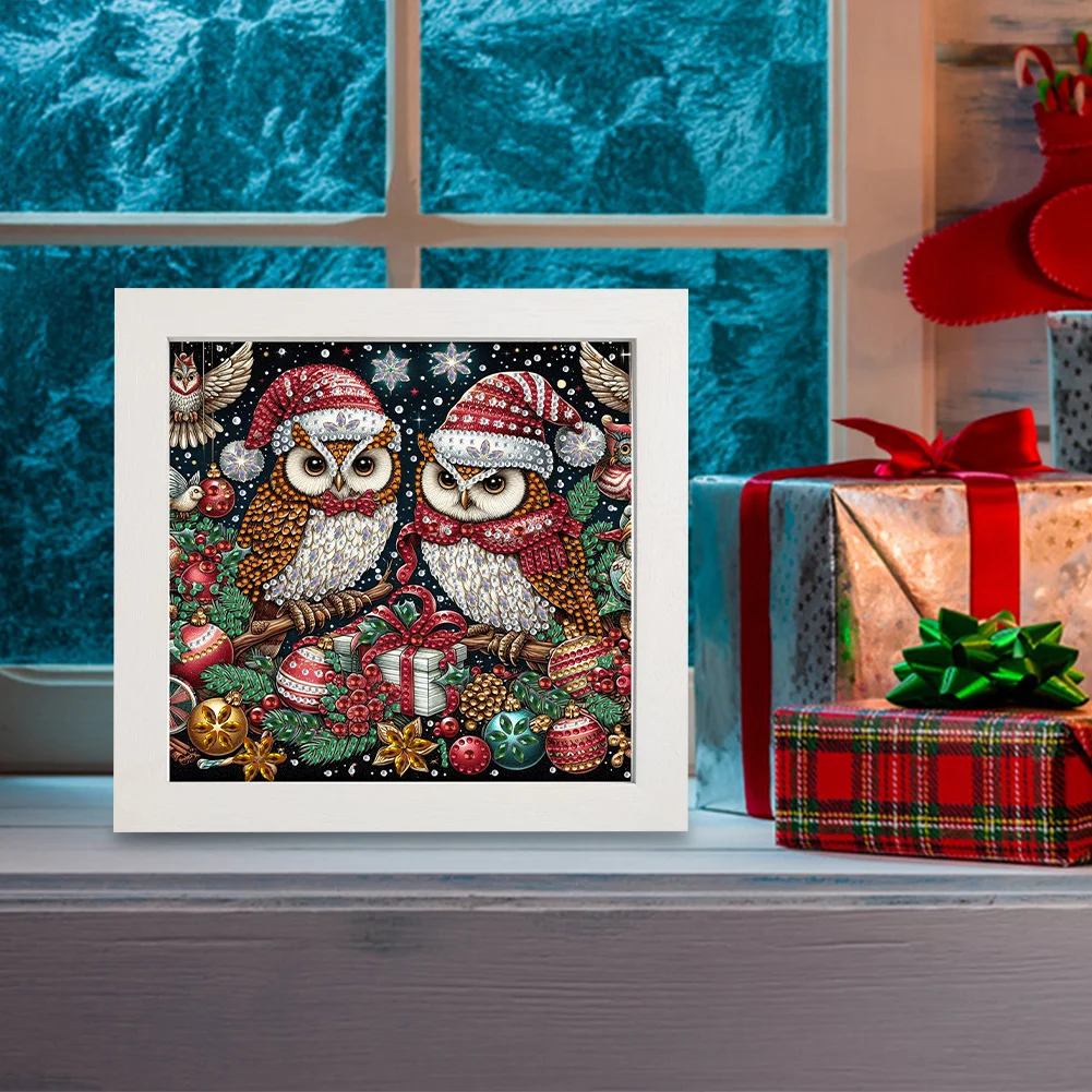 5D DIY Partial Special Shaped Drill Diamond Painting Xmas Owl Home Kit 19.2x19.2cm【With Frame】