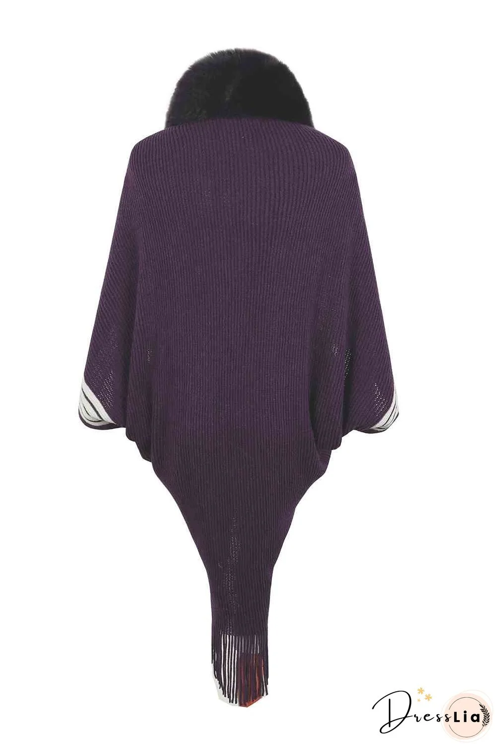 Striped Fringe Detail Long Sleeve Poncho