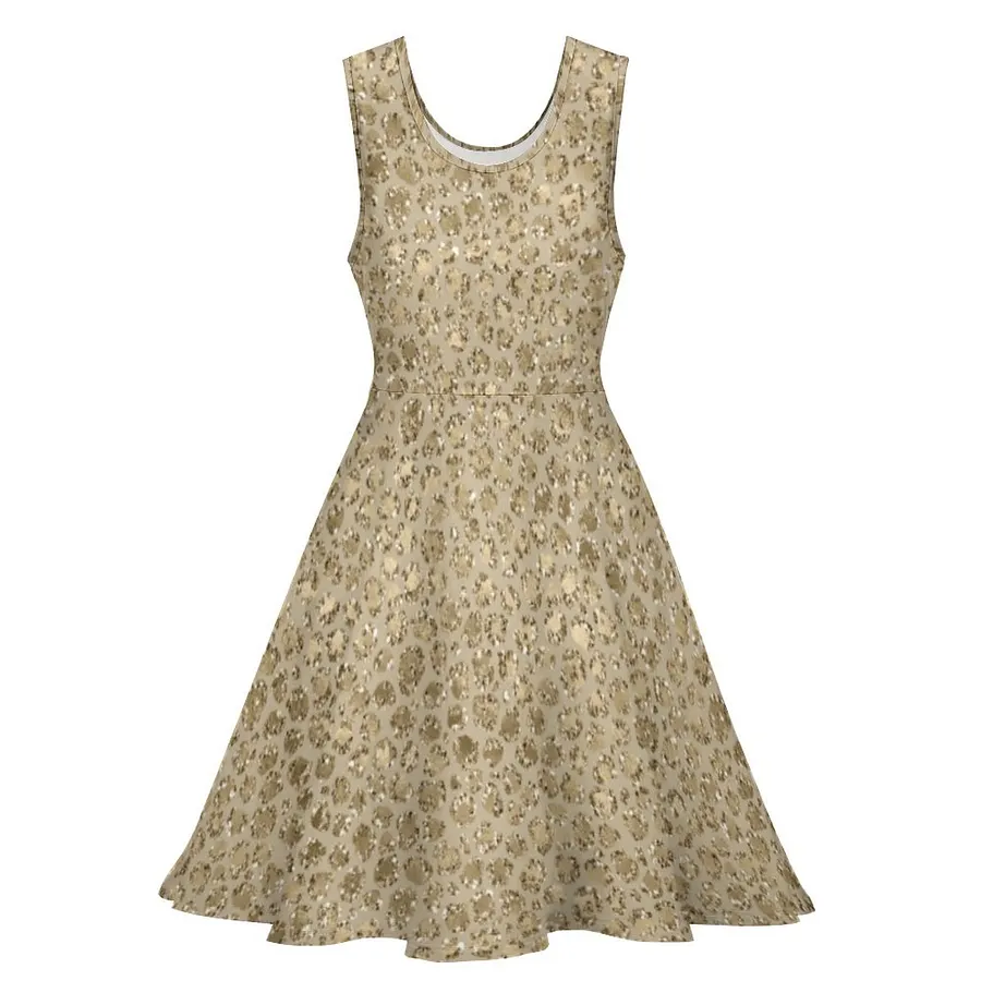 Antique Gold Glitter Leopard Summer Sleeveless Beach Dress, Casual Beach Petite Skater Sun Dress Gold & Leopard-L Antique Gold Glitter Leopard Summer Sleeveless Beach Dress, Casual Beach Petite Skater Sun Dress Gold & Leopard-L