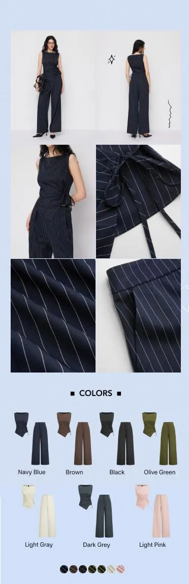 Cider Boat Neck Striped Wrap Knotted Top & Mid Rise Straight Leg Trousers Set– Office & Weekend Casual SwimWeek
