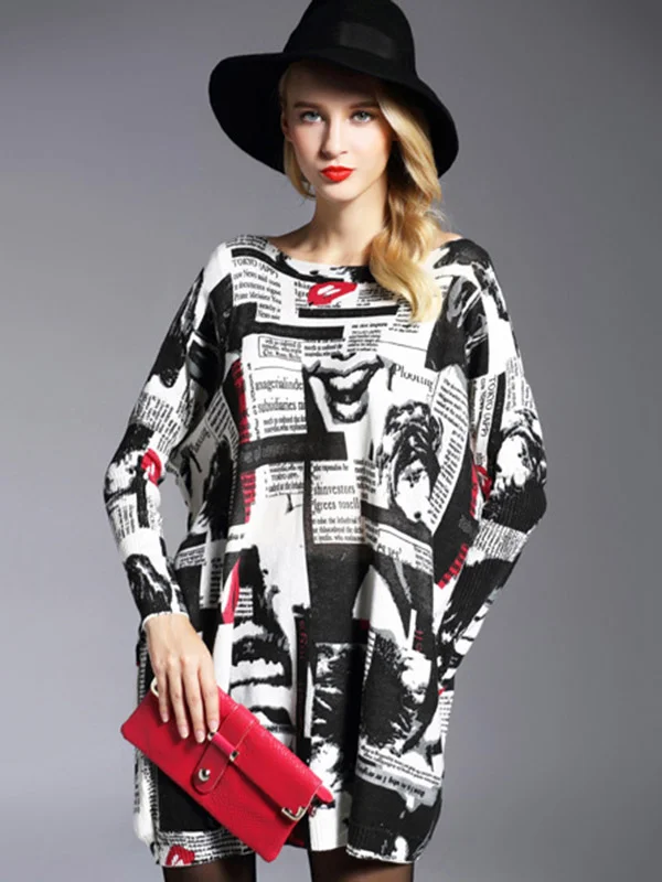 Urban Loose One-Shoulder Printed Split-Joint Sweater