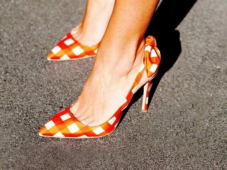 Orange Plaid Pointed Toe Slingback Cute Pumps Vdcoo