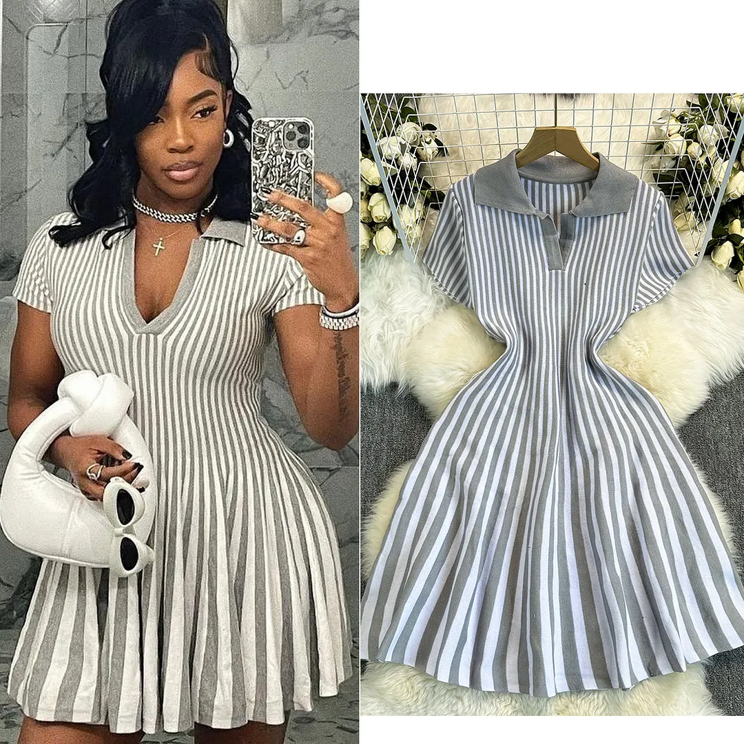 Churchf Churchf Retro-Necked Short-Sleeved Striped Knitted Dress Female Waist Temperament Thin A-Word Dress
