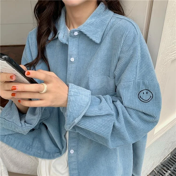 Churchf Korean Smiley Corduroy Women Shirts Embroidery Vintage Outwear Y2K Oversized Blouses Kawaii Long Sleeve Tops 2022 Cute