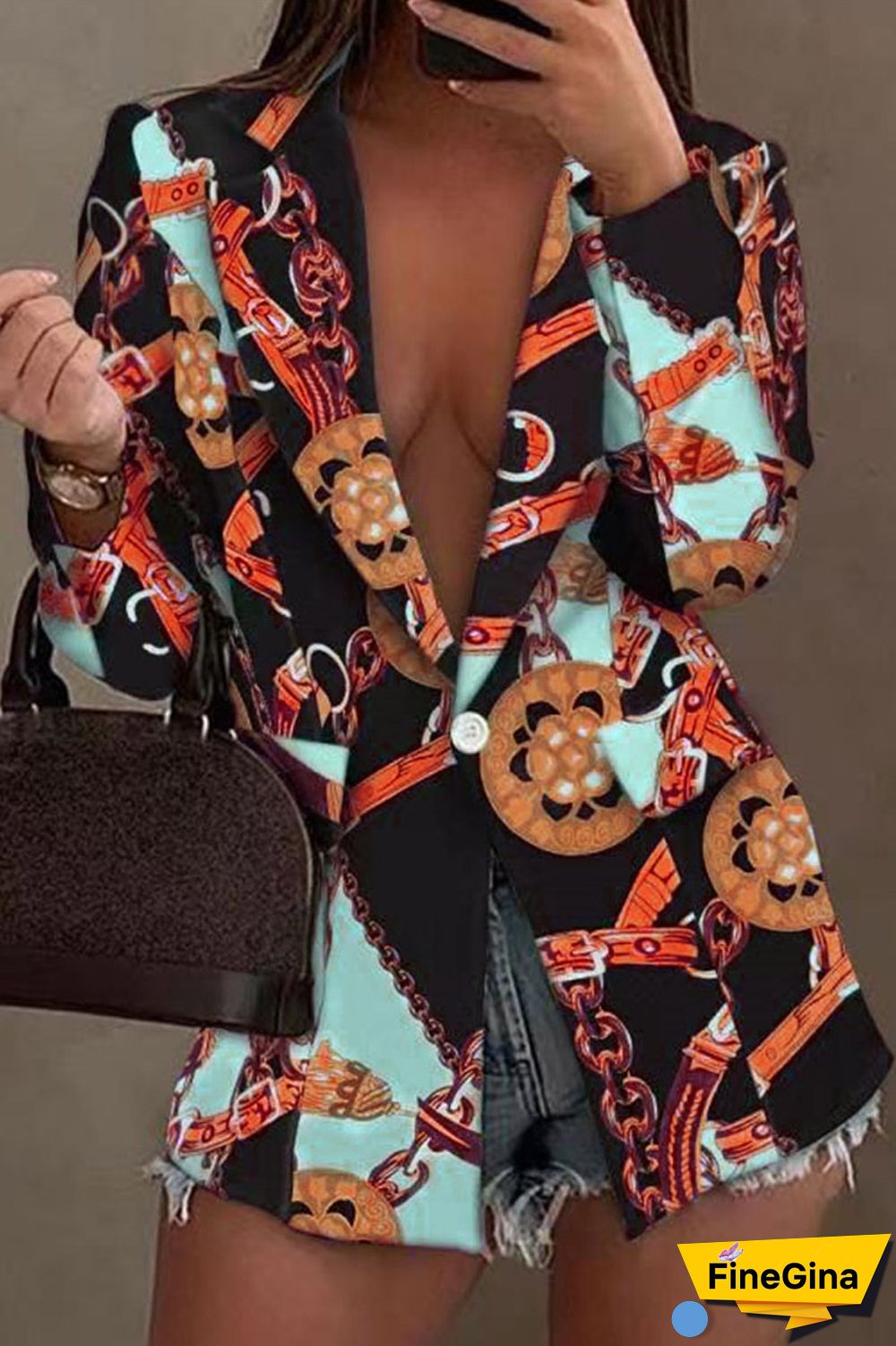 Black Yellow Sexy Casual Street Print Patchwork Buttons Turn-back Collar Outerwear