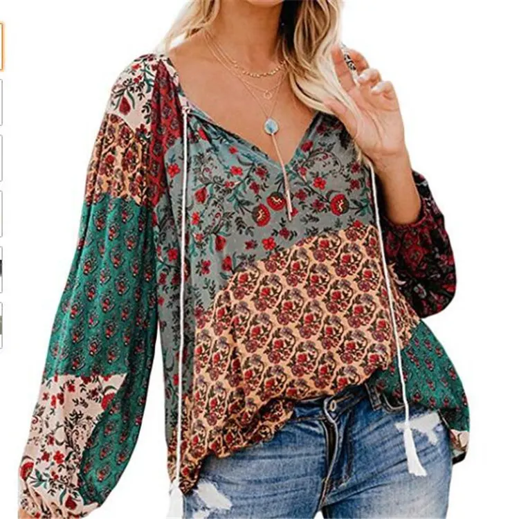 Churchf Churchf Autumn Floral Print Big V-Neck Long Sleeve Shirt Loose Rope Shirt Jacket Female