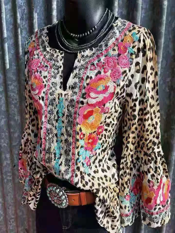 Leopard Print V Neck Long Sleeve Embroidery Blouses