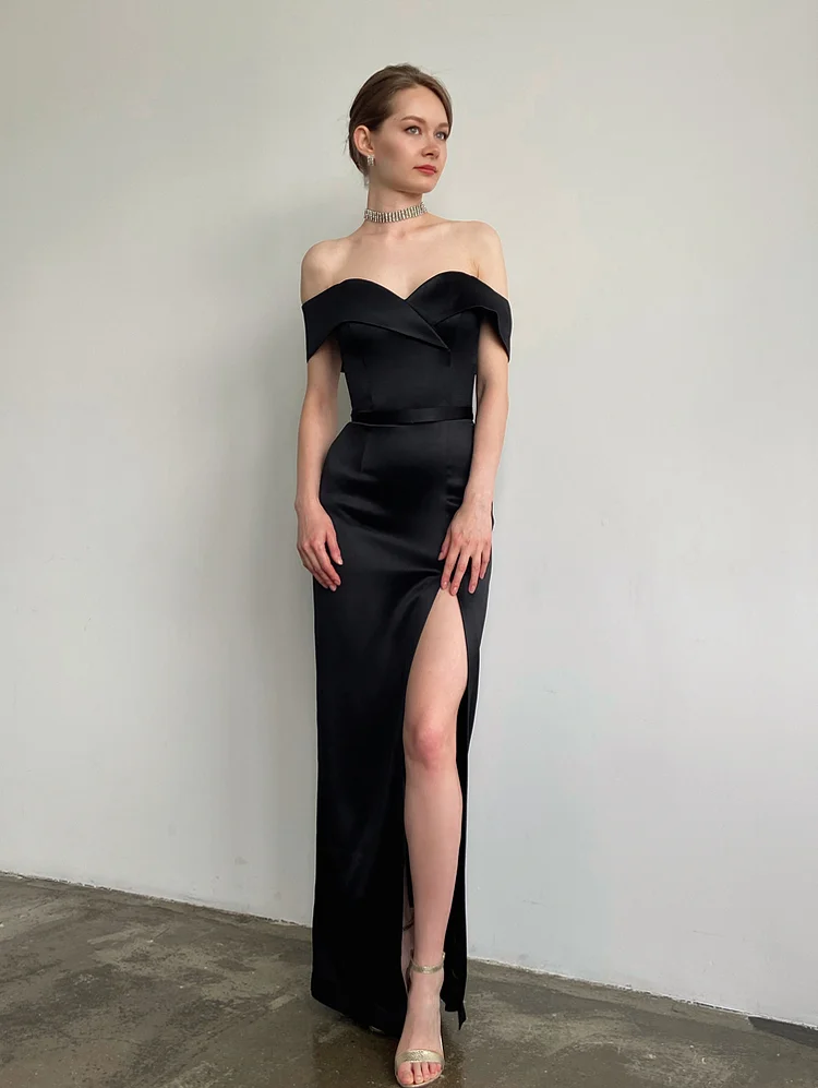 Off Shoulder Simple Party Dress with High Slit Sexy Black Prom Cocktail Gowns
