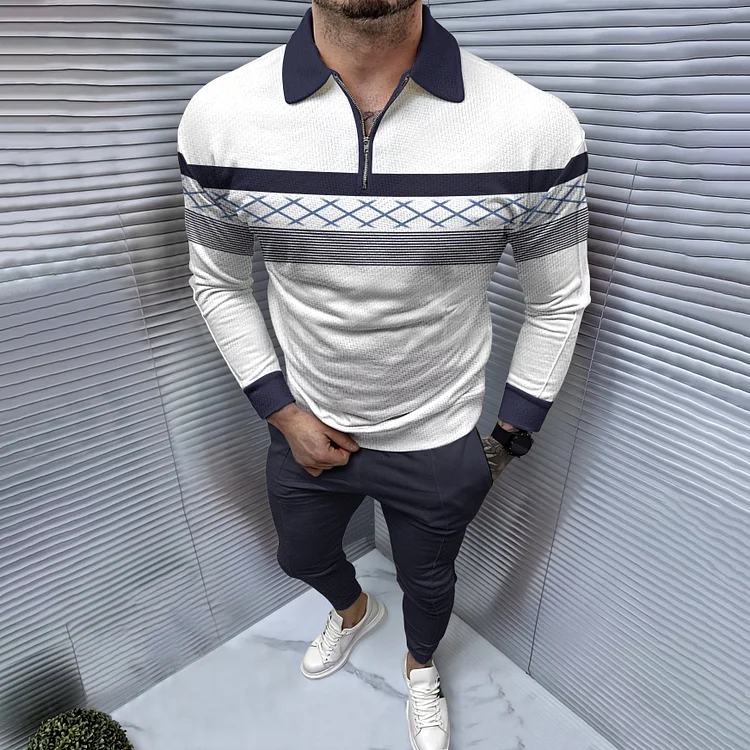 BrosWear Trendy Contrast Geometric Print Polo Shirt And Pants Co-Ord