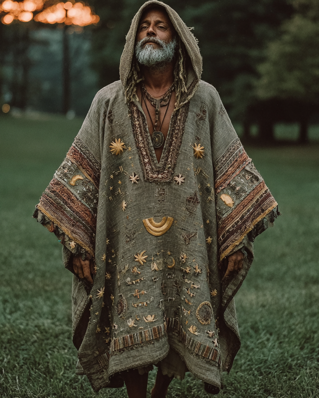 Men's Summer Vacation Stars and Moon 3D Embroidery Casual Linen Stitching hooded kaftan 78b4