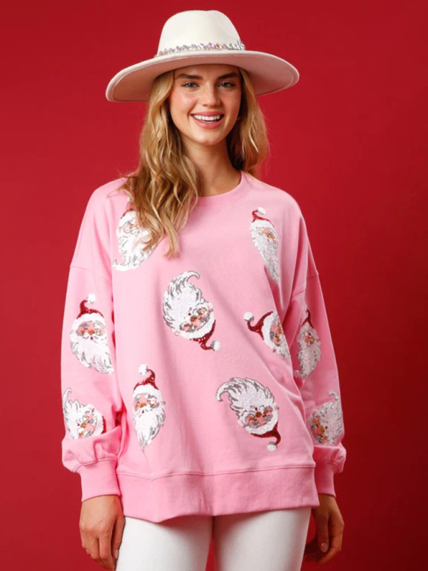 Mature Women Sequin Santa Patterned Knit Sweatshirt