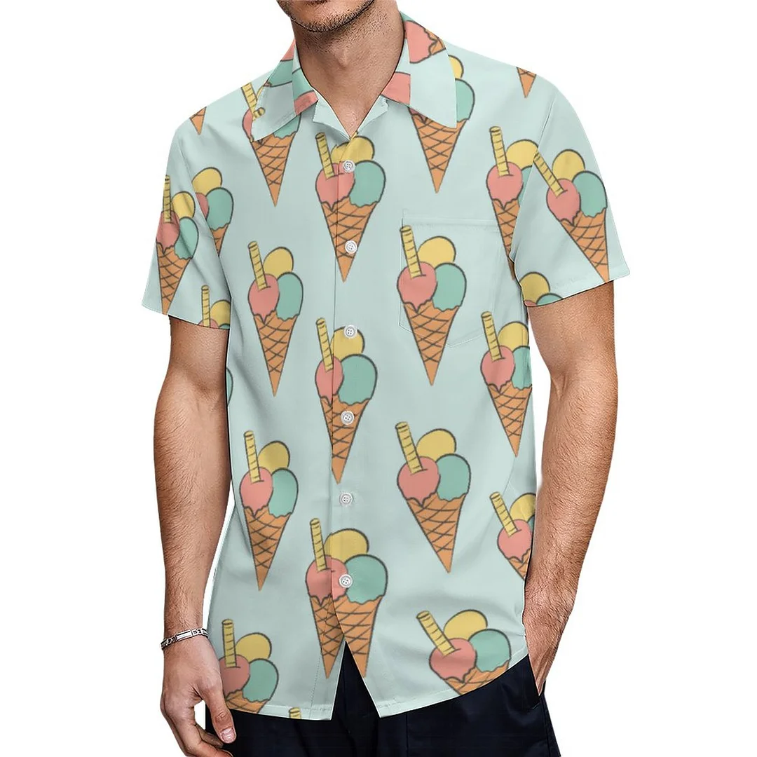 Short Sleeve Retro Ice Cream Gelato Summer Hawaiian Shirt Mens Button Down Plus Size Tropical Hawaii Beach Shirts
