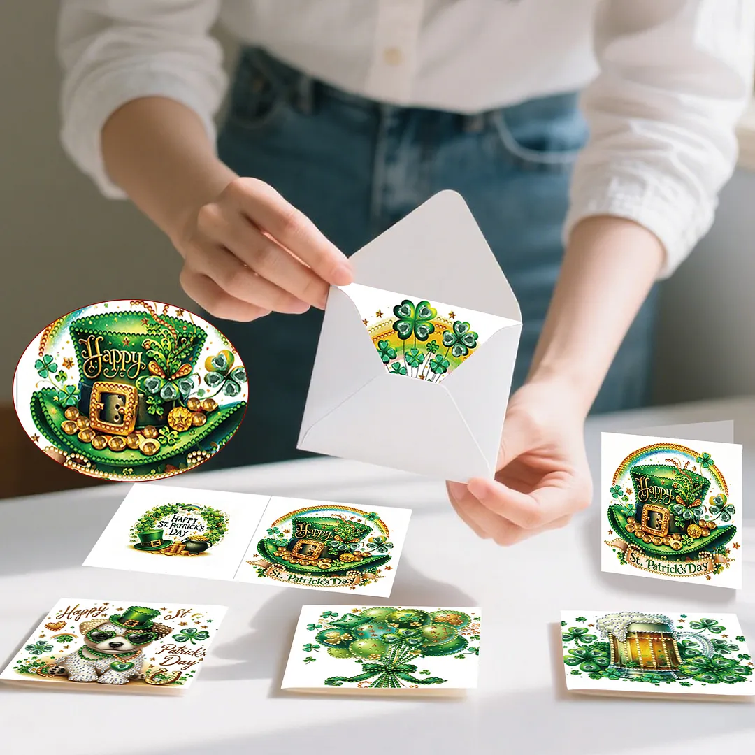 6Pcs Happy St.Patrick Day DIY Diamond Painting Greeting Card Set with Envelopes Diamond Art Handmade Cards for Beginner Adult Holiday Gifts