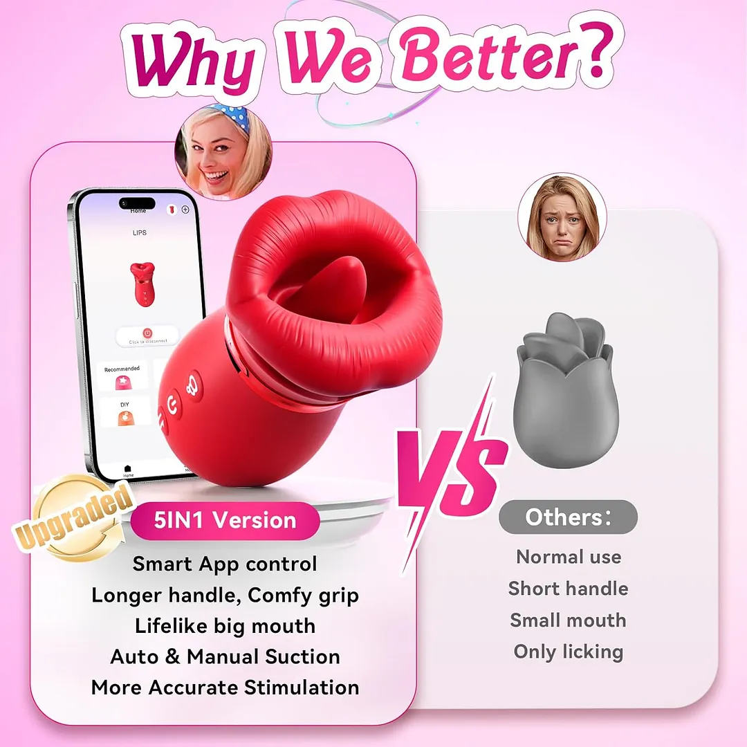 Vibrator oral Sovokn 5 &icirc;n 1 &icirc;n formă de trandafir pentru femei, cu 10 funcții de linge a limbii, 3 funcții de supt automat și 1 funcție de supt manual. De asemenea, are un nou control al aplicațiilor și funcționează ca un masaj anal.