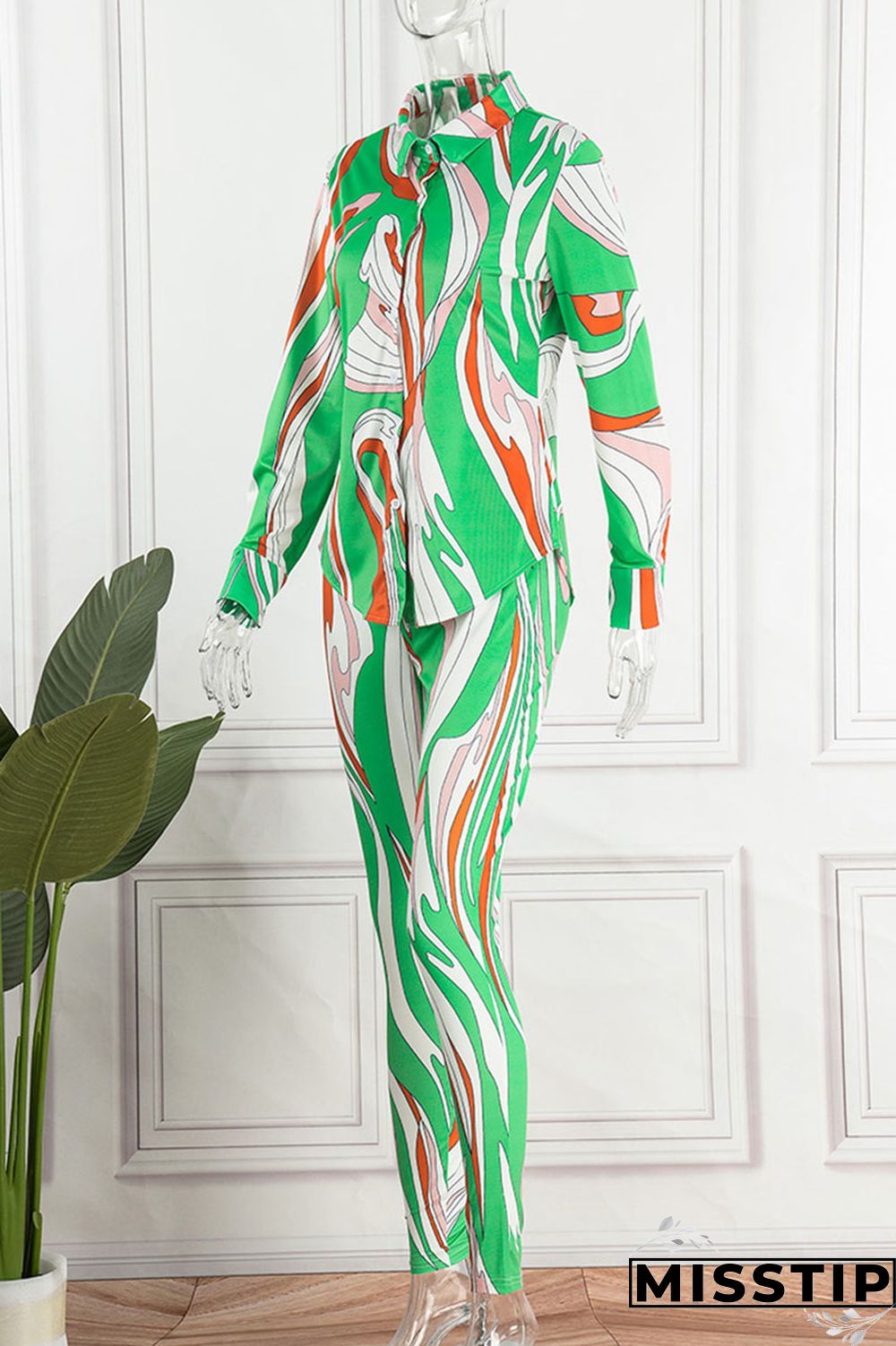 Green Casual Print Bandage Patchwork Turndown Collar Long Sleeve Two Pieces