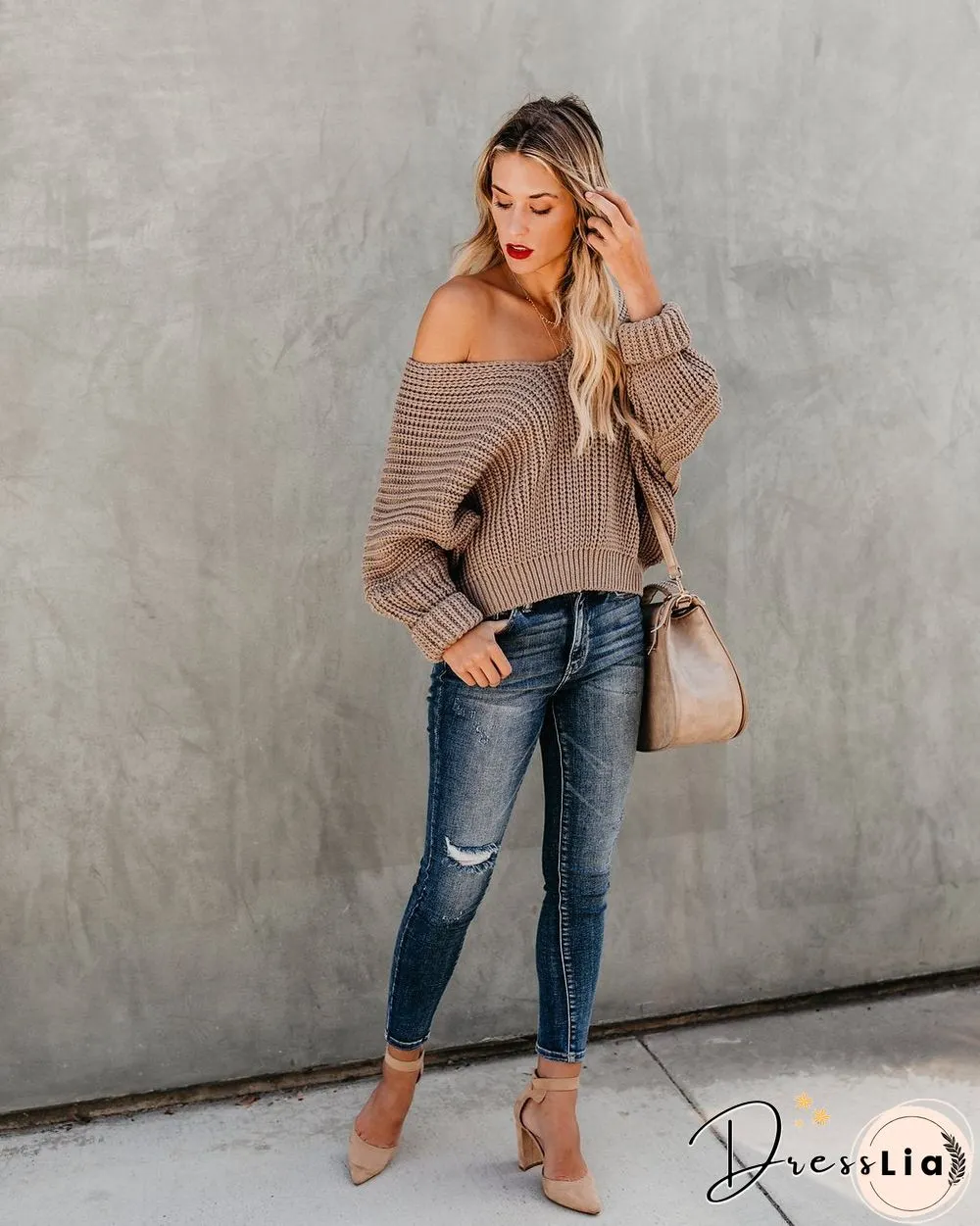 Indianred Loose Long Sleeve Knit V-Neck Sweater