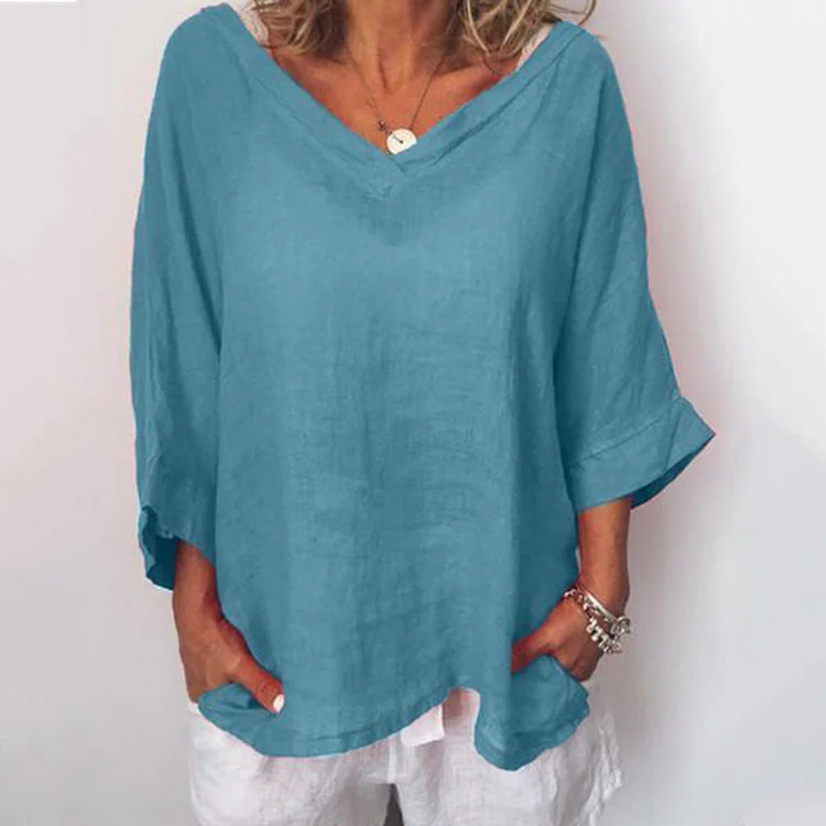 V Neck Comfy Linen Cotton Oversize Shirt