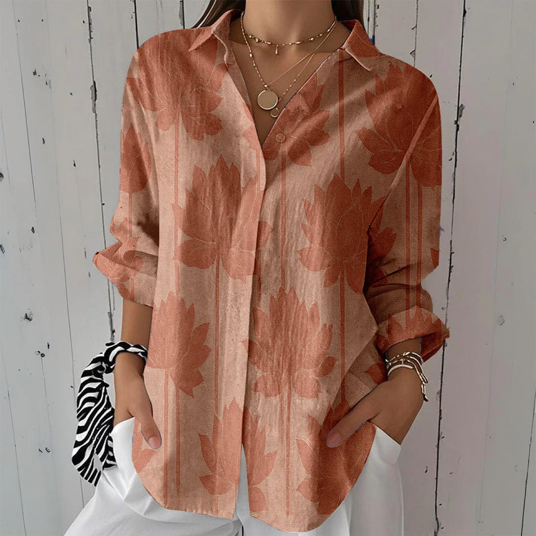 Style & Comfort for Mature Women Women Leaves, Pink DZCL0386 3/4 Sleeve Shirt Collar Printed Button Tops