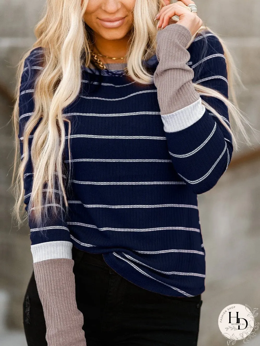 Blue Striped Rib Knit Pullover with Color Block Cuffs