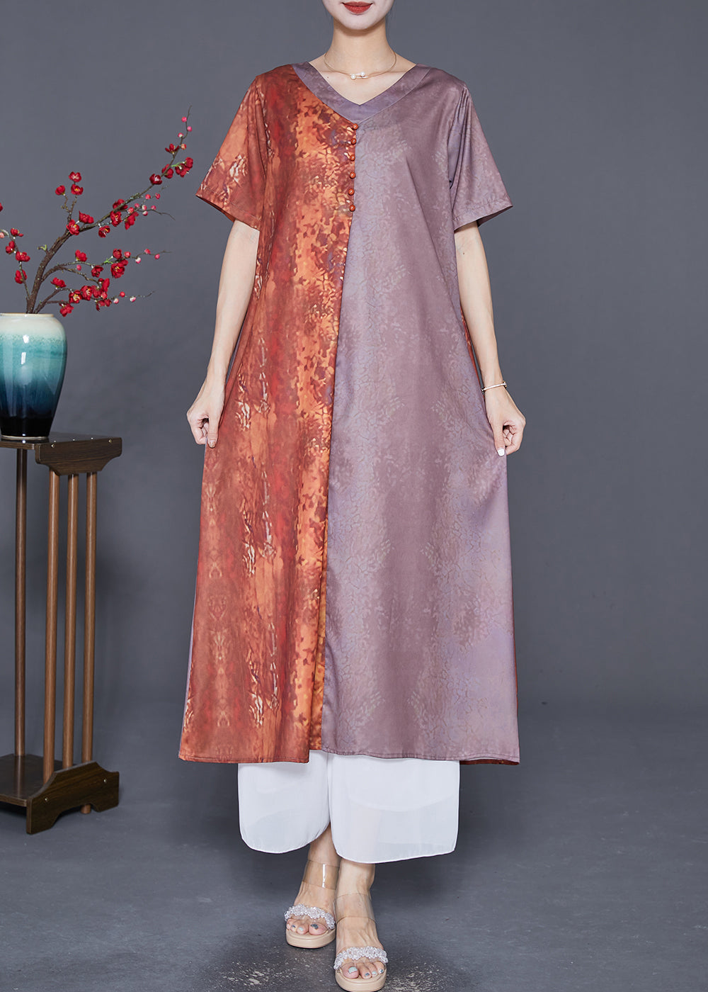 VCSHOES Colorblock V Neck Patchwork Silk Long Dress Summer