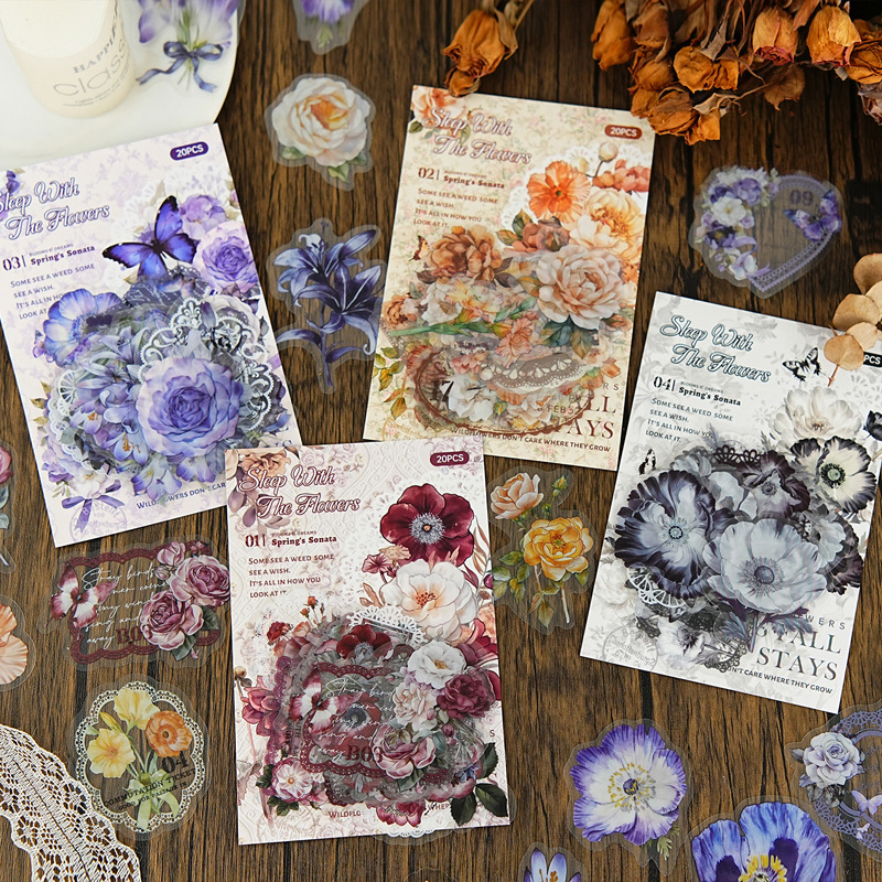 PET 스티커 - 꽃과 함께 잠자는 시리즈 빈티지 레이스 나비 꽃