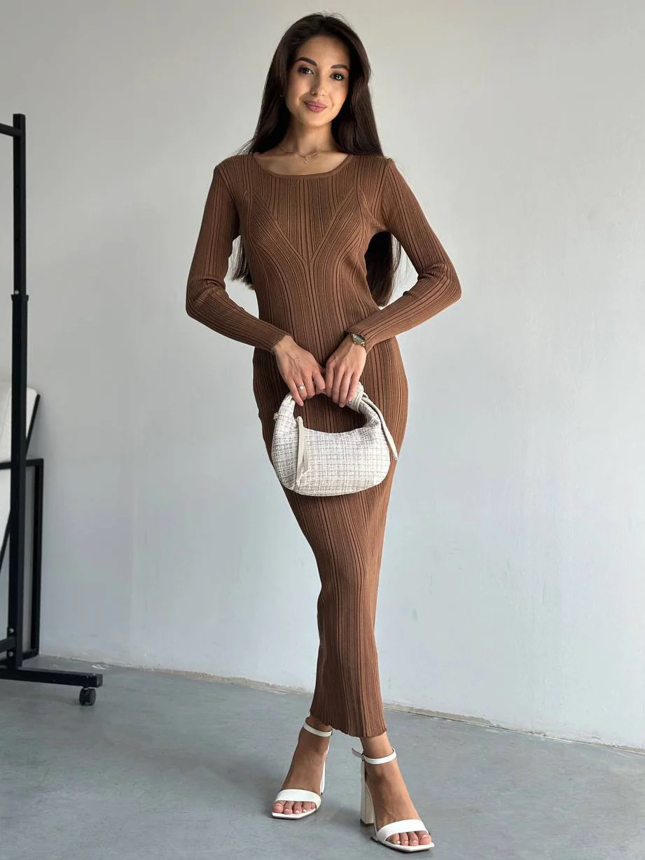 Athvotar Athvotar Wind Solid Color Knitted Dress Female Spring And Autumn Temperament Waist Long Sleeve Long Skirt