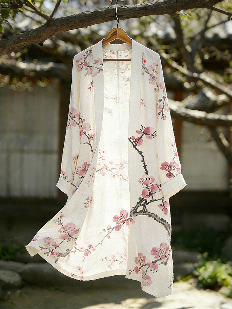 Classy Cherry Blossom Flowy Linen Long Kimono elevenforest