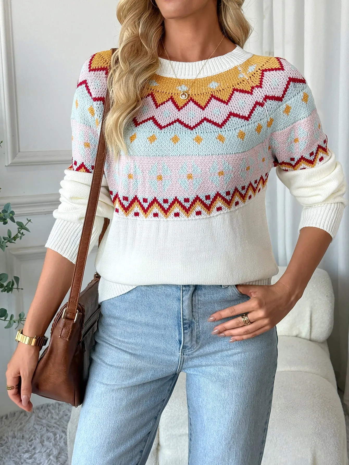Colorblock Geometric Knit Long Sleeve Sweater