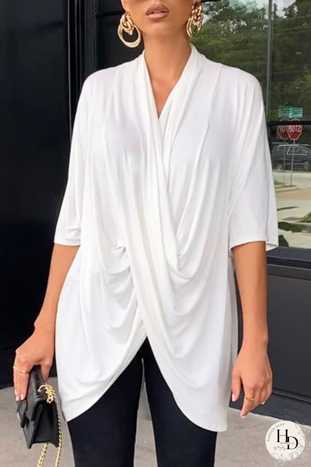 Blue Casual Solid Patchwork Fold Asymmetrical V Neck T-Shirts