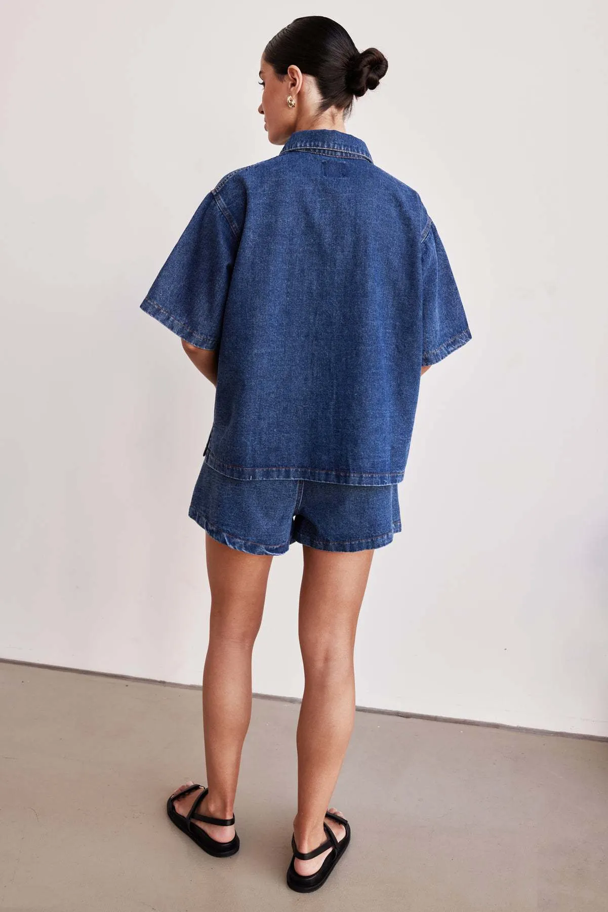 Retro Casual Loose Pockets Short Sleeved Shirt Shorts Denim Two Piece Sets