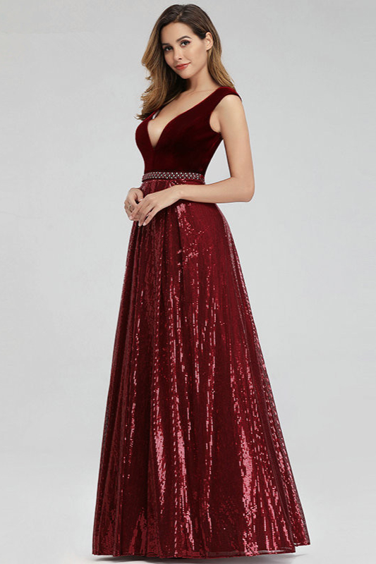 Gorgeous V-Neck Sequins Prom Dress Long Sleeveless Evening Party Gowns