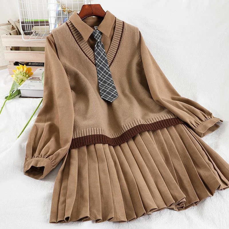Colourp and autumn new college style suit Kawaii female student Korean loose all-match pleated dress knitted vest +Tie 3-piece