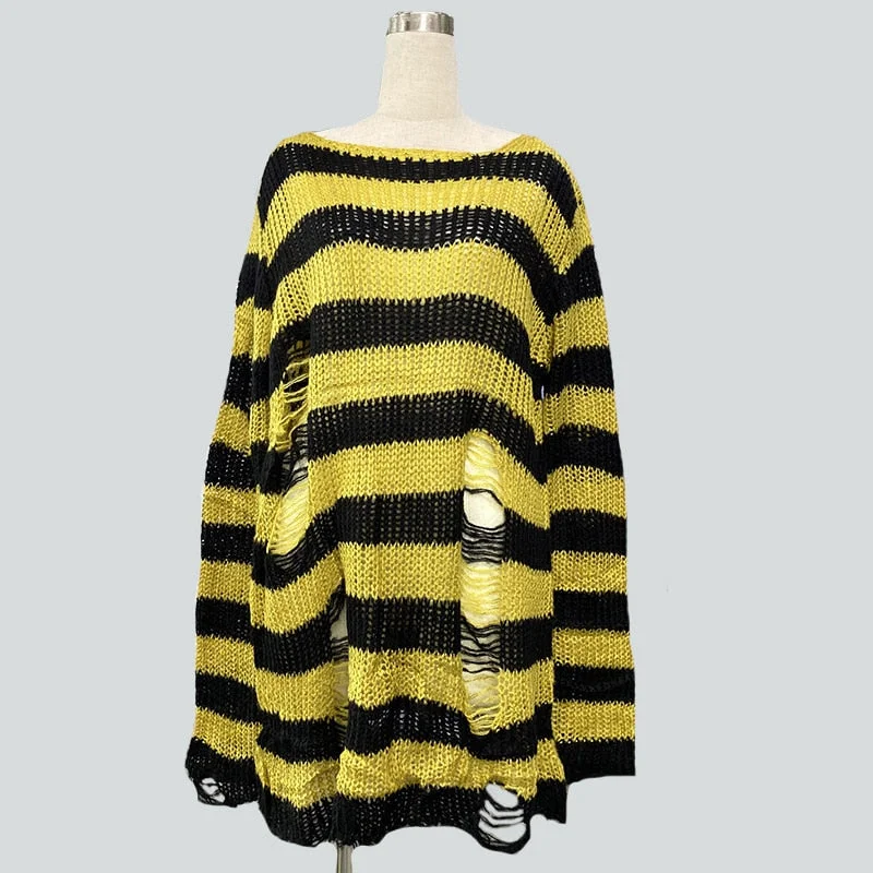 2021 Women Man  Sweater Dress Punk Gothic Long Unisex Cool Hollow Out Hole Broken Striped Jumper Loose Rock Thin Sweater