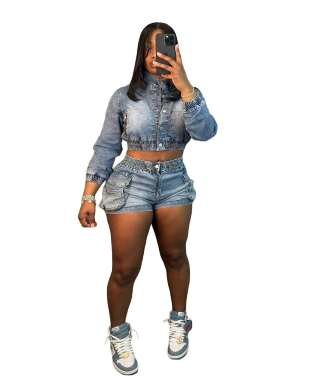 Yelocycle Summer Stretch Jeans Denim Shorts Set Women Stand Collar Single Breasted Tops+Elastic Waist Denim Shorts Slim Fit Two Piece Set