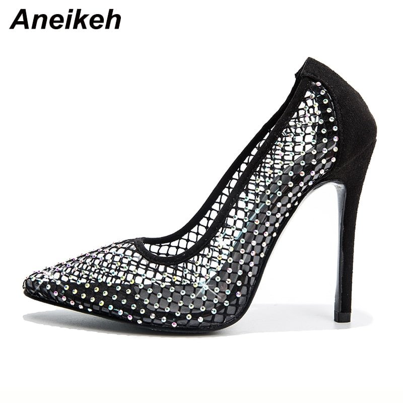Aneikeh 2022 Fashion Mesh Rhinestone Pointed Toe Pumps PVC Transparent Woman Slip On Sexy Party Thin High Heels Shoes Size 35-42