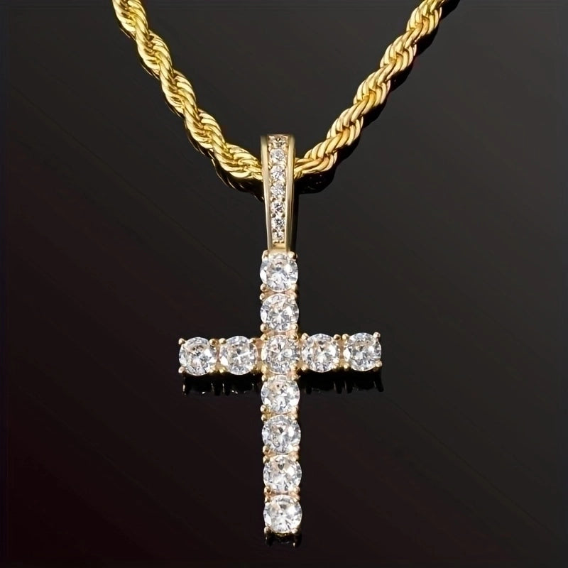 Hip-hop Cross Copper Inlay Zircon Men's Pendant Necklace