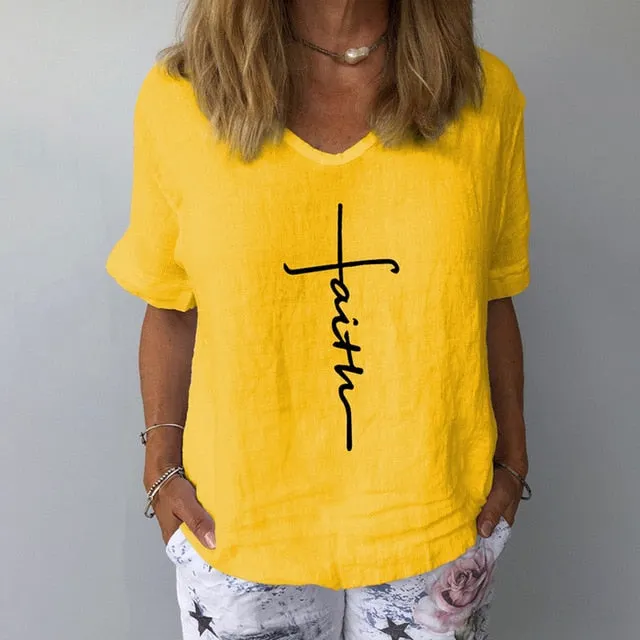 Women Summer Cotton Linen Blouse Casual V Neck Short Sleeve Femme Blouse Shirt New Letter Print 2022 Blusas Womens Tops S-3XL
